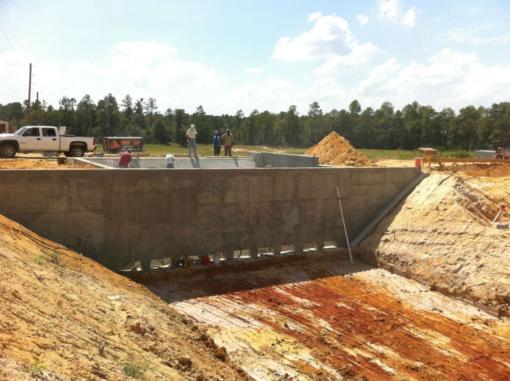 Cast-in-place concrete walls under construction at a water treatment plant
